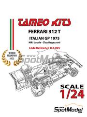 Tameo Kits: Car scale model kit 1/24 scale - Ferrari 312T Scuderia Ferrari Team #11, 12 - Clay Regazzoni (CH), Niki Lauda (AT) - Italian Formula 1 Grand Prix 1975 - photo-etched parts, rubber parts, turned metal parts, water slide decals, white metal parts and assembly instructions