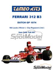 Tameo Kits: Car scale model kit 1/24 scale - Ferrari 312 B3 Scuderia Ferrari Team #11, 12 - Clay Regazzoni (CH), Niki Lauda (AT) - Dutch Formula 1 Grand Prix 1974 - photo-etched parts, rubber parts, seatbelt fabric, turned metal parts, vacuum formed parts, water slide decals, white metal parts, other materials, assembly instructions and painting instructions