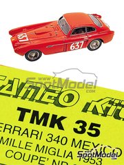 Tameo Kits: Car scale model kit 1/43 scale - Ferrari 340 Mexico Coupe #637 - Eugenio Castellotti (IT) + Ivo Regosa (IT) - Mille Miglia 1953 - photo-etched parts, turned metal parts, water slide decals, white metal parts and assembly instructions