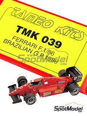 Tameo Kits: Maqueta de coche escala 1/43 - Ferrari F1/86 - Michele Alboreto (IT), Stefan Johansson (SE) - Gran Premio de Frmula 1 de Brasil 1986 - fotograbados, piezas de goma, piezas de metal torneado, calcas de agua, piezas de metal blanco, manual de instrucciones y calcas de sponsors de tabaco