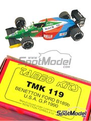 Tameo Kits: Car scale model kit 1/43 scale - Benetton Ford B189 Benetton Formula Ltd Team sponsored by Riello #19, 20 - Alessandro Nannini (IT), Nelson Piquet (BR) - USA - United States of America Formula 1 Grand Prix 1990 - photo-etched parts, turned metal parts, water slide decals, white metal parts and assembly instructions