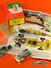 Tameo Kits: Car scale model kit 1/43 scale - March Ford 761 sponsored by Jagermeister #43 - Hans-Joachim Stuck (DE) - German Formula 1 Grand Prix 1976 - photo-etched parts, turned metal parts, water slide decals, white metal parts and assembly instructions