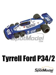 Tameo Kits: Car scale model kit 1/43 scale - Tyrrell Ford P34 Six Wheels Tyrrell Racing Team sponsored by ELF #3, 4 - Ronnie Peterson (SE), Patrick Depailler (FR) - Brazilian Formula 1 Grand Prix 1977 - photo-etched parts, turned metal parts, water slide decals, white metal parts and assembly instructions