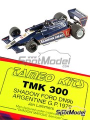 Tameo Kits: Car scale model kit 1/43 scale - Shadow Ford DN9b sponsored by Samson Shag #17 - Jan Lammers (NL) - Argentine Formula 1 Grand Prix 1979 - photo-etched parts, turned metal parts, water slide decals, white metal parts, assembly instructions and tobacco sponsor decals