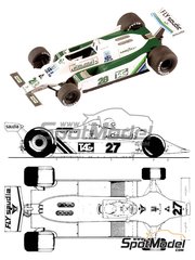 Tameo Kits: Car scale model kit 1/43 scale - Williams Ford FW07 Williams Grand Prix Engineering Team sponsored by TAG Saudia #27, 28 - Clay Regazzoni (CH), Alan Jones (AU) - German Formula 1 Grand Prix, British Formula 1 Grand Prix 1979 - photo-etched parts, turned metal parts, water slide decals, white metal parts, assembly instructions and tobacco sponsor decals
