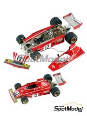 Tameo Kits: Car scale model kit 1/43 scale - Ferrari 312B3 #11, 12 - Clay Regazzoni (CH), Niki Lauda (AT) - Dutch Formula 1 Grand Prix 1974 - photo-etched parts, rubber parts, turned metal parts, water slide decals, white metal parts, assembly instructions and tobacco sponsor decals
