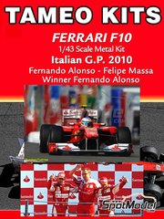 Tameo Kits: Car scale model kit 1/43 scale - Ferrari F10 Scuderia Ferrari Team sponsored by Banco Santander #7, 8 - Fernando Alonso (ES), Felipe Massa (BR) - Italian Formula 1 Grand Prix 2010 - photo-etched parts, turned metal parts, water slide decals, white metal parts and assembly instructions