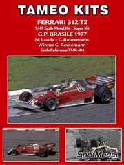 Tameo Kits: Car scale model kit 1/43 scale - Ferrari 312T2 Scuderia Ferrari Team sponsored by Fiat #11, 12 - Niki Lauda (AT), Carlos Reutemann (AR) - Brazilian Formula 1 Grand Prix 1977 - photo-etched parts, rubber parts, turned metal parts, water slide decals, white metal parts and assembly instructions
