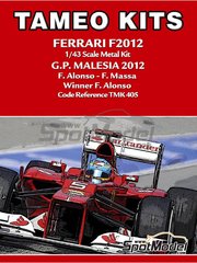 Tameo Kits: Car scale model kit 1/43 scale - Ferrari F2012 Scuderia Ferrari Team sponsored by Banco Santander #5, 6 - Fernando Alonso (ES), Felipe Massa (BR) - Malaysia Formula 1 Grand Prix 2012 - photo-etched parts, turned metal parts, water slide decals, white metal parts and assembly instructions