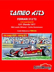 Tameo Kits: Car scale model kit 1/43 scale - Ferrari 312 T2 Scuderia Ferrari Team sponsored by Agip #11, 12 - Niki Lauda (AT), Carlos Reutemann (AR) - Dutch Formula 1 Grand Prix 1977 - photo-etched parts, rubber parts, vacuum formed parts, water slide decals, white metal parts, other materials, assembly instructions and painting instructions image