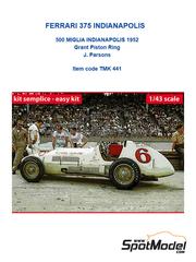 Tameo Kits: Maqueta de coche escala 1/43 - Ferrari 375 Indianapolis patrocinado por Grant Piston Ring N 6 - Johnnie Parsons (US) - 500 Millas de Indianapolis 1952 - fotograbados, piezas de goma, piezas de metal torneado, piezas vacuformadas, calcas de agua, piezas de metal blanco, otros materiales, manual de instrucciones e instrucciones de pintado