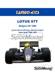 Tameo Kits: Maqueta de coche escala 1/43 - Lotus Renault 97T Equipo John Player Special Lotus patrocinado por Olympus N 11, 12 - Elio de Angelis (IT), Ayrton Senna da Silva (BR) - Gran Premio de Frmula 1 de Belgica 1985 - fotograbados, piezas de goma, piezas de metal torneado, piezas vacuformadas, calcas de agua, piezas de metal blanco, manual de instrucciones, instrucciones de pintado y calcas de sponsors de tabaco