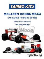 Tameo Kits: Car scale model kit 1/43 scale - McLaren Honda MP4/4 McLaren Racing Limited Team sponsored by Marlboro #11, 12 - Alain Prost (FR), Ayrton Senna da Silva (BR) - Monaco Formula 1 Grand Prix, San Marino Formula 1 Grand Prix 1988 - metal parts, photo-etched parts, rubber parts, water slide decals, white metal parts, assembly instructions, painting instructions and tobacco sponsor decals
