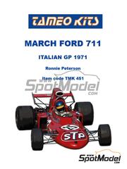 Tameo Kits: Car scale model kit 1/43 scale - March Ford 711 March Racing Team sponsored by STP #25 - Ronnie Peterson (SE) - Italian Formula 1 Grand Prix 1971 - metal parts, photo-etched parts, rubber parts, turned metal parts, water slide decals, white metal parts, other materials, assembly instructions and painting instructions