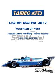 Tameo Kits: Car scale model kit 1/43 scale - Ligier Matra JS17 Talbot Gitanes Team #25, 26 - Patrick Tambay (FR), Jacques Laffite (FR) - Austrian Formula 1 Grand Prix 1981 - photo-etched parts, rubber parts, vacuum formed parts, water slide decals, white metal parts, other materials and assembly instructions