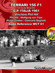 Tameo Kits: Car scale model kit 1/43 scale - Ferrari 156 F1 Shark Nose #2, 4, 6, 32 - Phil Hill (US), Wolfgang von Trips (DE), Richie Ginther (US), Giancarlo Baghetti (IT) - Italian Formula 1 Grand Prix 1961 - photo-etched parts, turned metal parts, water slide decals, white metal parts and assembly instructions