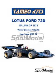 Tameo Kits: Maqueta de coche escala 1/43 - Lotus Ford type 72D Equipo Lotus patrocinado por John Player Special N 6 - Emerson Fittipaldi (BR) - Gran Premio de Frmula 1 de Italia 1972 - piezas de metal, fotograbados, piezas de goma, piezas vacuformadas, calcas de agua, piezas de metal blanco, otros materiales, manual de instrucciones, instrucciones de pintado y calcas de sponsors de tabaco