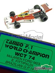 Tameo Kits: Car scale model kit 1/43 scale - McLaren Ford M23 McLaren Racing Limited Team sponsored by Texaco #5 - Emerson Fittipaldi (BR) - Brazilian Formula 1 Grand Prix 1974 - photo-etched parts, rubber parts, turned metal parts, water slide decals, white metal parts, assembly instructions and tobacco sponsor decals