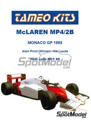 Tameo Kits: Car scale model kit 1/43 scale - McLaren TAG Porsche MP4/2B McLaren Racing Limited Team sponsored by Marlboro #1, 2 - Niki Lauda (AT), Alain Prost (FR) - Monaco Formula 1 Grand Prix 1985 - photo-etched parts, rubber parts, turned metal parts, water slide decals, white metal parts, assembly instructions and tobacco sponsor decals image