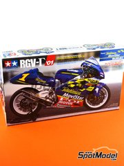 Tamiya: Motorbike scale model kit 1/12 scale - Suzuki RGV-Gamma XR-89 sponsored by Telefonica Movistar #1, 15, 33 - Kenny Roberts (US), Manuel 'Sete' Gibernau (ES), Akira Ryo (JP) - Motorcycle World Championship 2001 - metal parts, plastic parts, rubber parts, water slide decals, assembly instructions and painting instructions image