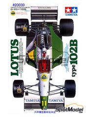 Tamiya: Car scale model kit 1/20 scale - Lotus Judd 102B sponsored by Tamiya, Komatsu #11, 12 - Mika H�kkinen (FI), Julian Bailey (GB), John Paul  "Johnny" Herbert (GB), Michael Bartels (DE) - Formula 1 World Championship 1991 - plastic parts, rubber parts, water slide decals, assembly instructions and painting instructions