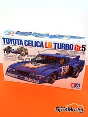 Tamiya: Car scale model kit 1/24 scale - Toyota Celica LB Turbo Group 5 Schnitzer Team sponsored by Rodenstock #56, 68 - Harald Ertl (AT) - Deutsche Rennsport Meisterschaft DRM 1977 - plastic parts, rubber parts, water slide decals and assembly instructions image