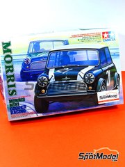 Tamiya: Car scale model kit 1/24 scale - Mini Morris Cooper racing - plastic parts, rubber parts, water slide decals, assembly instructions and painting instructions