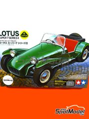 Tamiya: Car scale model kit 1/24 scale - Lotus Super Seven Series II 1957 - photo-etched parts, plastic parts, rubber parts, seatbelt fabric, turned metal parts, water slide decals, assembly instructions and painting instructions image