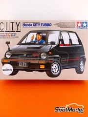 Tamiya: Car scale model kit 1/24 scale - Honda City Turbo with Motocompo scooter - paint masks, plastic parts, rubber parts, water slide decals, assembly instructions and painting instructions image