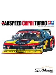 Tamiya: Car scale model kit 1/24 scale - Ford Zakspeed Capri Turbo Zakspeed Team sponsored by Mampe #52 - Hans Heyer (DE) - Deutsche Rennsport Meisterschaft DRM 1978 - paint masks, plastic parts, rubber parts, water slide decals, assembly instructions and painting instructions