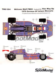 This Way Up: Car scale model kit 1/43 scale - Williams Wolf FW05 #20 - Arturo Merzario (IT) - German Formula 1 Grand Prix 1976 - photo-etched parts, turned metal parts, water slide decals, white metal parts and assembly instructions