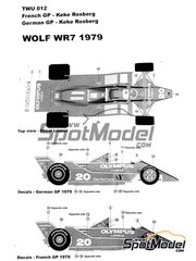 This Way Up: Car scale model kit 1/43 scale - Wolf Ford WR7 Walter Wolf Racing Team sponsored by Olympus #20 - Keijo Erik 'Keke' Rosberg (FI) - German Formula 1 Grand Prix, French Formula 1 Grand Prix 1979 - photo-etched parts, turned metal parts, water slide decals, white metal parts and assembly instructions