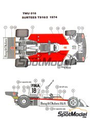This Way Up: Car scale model kit 1/43 scale - Surtees TS16-2 Surtees Racing Organization Team sponsored by Bang and Olufsen Matchbox Heuer Beolab #18 - Carlos Pace (BR) - Spanish Formula 1 Grand Prix, South African Formula 1 Grand Prix 1974 - photo-etched parts, turned metal parts, water slide decals, white metal parts and assembly instructions