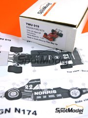This Way Up: Car scale model kit 1/43 scale - Ensign Ford N174 sponsored by Norris #22 - Chris Amon (NZ) - USA West Long Beach Formula 1 Grand Prix 1976 - photo-etched parts, turned metal parts, water slide decals, white metal parts and assembly instructions