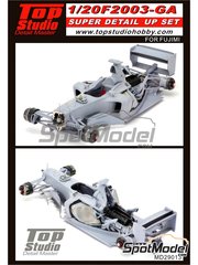 Top Studio: Set de mejora y detallado escala 1/20 - Ferrari F2003-GA Equipo Scuderia Ferrari - Michael Schumacher (DE), Rubens Barrichello (BR) - Campeonato del Mundo FIA de Formula 1 2003 - piezas de metal mecanizado, fotograbados, piezas de resina, piezas de metal torneado y manual de instrucciones - para las referencias de Fujimi FJ090801, 09080, GP-28, FJ090863, 09086, GP-30, FJ09088, 090887, GP-33, FJ090887, 09088, GP-33, FJ090917, 09091, GP-36 y FJ092096