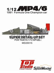 Top Studio: Detail up set 1/12 scale - McLaren Honda MP4/6 - FIA Formula 1 World Championship 1991 - CNC metal parts, photo-etched parts, resin parts, turned metal parts, other materials and assembly instructions - for Tamiya references TAM12028, TAM49571 and TAM89721