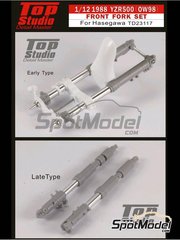 Top Studio: Front fork set 1/12 scale - Yamaha YZR500 OW98 1998 - turned metal parts and assembly instructions - for Hasegawa references 21503 and BK-3