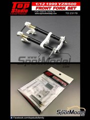 Top Studio: Front fork set 1/12 scale - Yamaha YZR500 OWK6 - Motorcycle World Championship 1999 - metal parts, photo-etched parts, resin parts, turned metal parts and assembly instructions - for Tamiya references TAM14076 and TAM14078 image