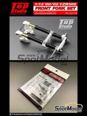 Top Studio: Front fork set 1/12 scale - Yamaha YZR500 - Motorcycle World Championship 2000, 2001 and 2002 - CNC metal parts, photo-etched parts, resin parts, turned metal parts and assembly instructions - for Tamiya references TAM14086, TAM14088 and TAM14091 image