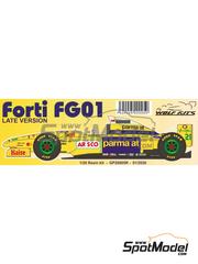Wolf Kits: Car scale model kit 1/20 scale - Forti Corse Ford FG01 sponsored by Parmalat, Arisco #21, 22 - Pedro Diniz (BR), Roberto Moreno (BR) - FIA Formula 1 World Championship 1995 - photo-etched parts, resin parts, rubber parts, water slide decals, white metal parts, other materials and assembly instructions