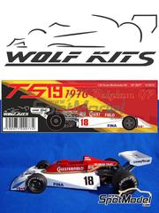 Wolf Kits: Car scale model kit 1/20 scale - Surtees Ford TS-19 sponsored by Chesterfield #18 - Brett Lunger (US) - Belgian Formula 1 Grand Prix 1976 - photo-etched parts, resin parts, rubber parts, vacuum formed parts, water slide decals, white metal parts, other materials, assembly instructions and tobacco sponsor decals