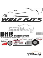 Wolf Kits: Car scale model kit 1/20 scale - Shadow Ford DN8 Shadow Racing Team sponsored by Villiger, Tabatip #16, 17 - Hans-Joachim Stuck (DE), Clay Regazzoni (CH) - Brazilian Formula 1 Grand Prix 1978 - photo-etched parts, resin parts, rubber parts, turned metal parts, vacuum formed parts, water slide decals, white metal parts, other materials, assembly instructions and tobacco sponsor decals