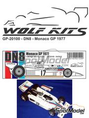Wolf Kits: Car scale model kit 1/20 scale - Shadow Ford DN8 sponsored by Ambrosio, Tabatip #16, 17 - Riccardo Patrese (IT), Alan Jones (AU) - Monaco Formula 1 Grand Prix 1977 - photo-etched parts, resin parts, rubber parts, turned metal parts, vacuum formed parts, water slide decals, white metal parts, other materials, assembly instructions and tobacco sponsor decals