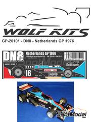 Wolf Kits: Car scale model kit 1/20 scale - Shadow Ford DN8 sponsored by Tabatip, F&S Properties #16 - Tom Pryce (GB) - The Netherlands Formula 1 Grand Prix 1976 - photo-etched parts, resin parts, rubber parts, turned metal parts, vacuum formed parts, water slide decals, white metal parts, other materials, assembly instructions and tobacco sponsor decals