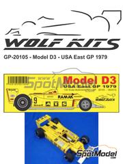 Wolf Kits: Car scale model kit 1/20 scale - ATS Ford D3 ATS Wheels Team sponsored by Arawak, Buler #9 - Hans-Joachim Stuck (DE) - USA East Watkins Glen Grand Prix 1979 - photo-etched parts, resin parts, rubber parts, turned metal parts, vacuum formed parts, water slide decals, white metal parts, other materials and assembly instructions image