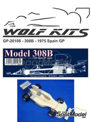 Wolf Kits: Car scale model kit 1/20 scale - Hesketh Ford 308B Harry Stiller Racing Team #25 - Alan Jones (AU) - Spanish Formula 1 Grand Prix 1975 - photo-etched parts, resin parts, rubber parts, turned metal parts, water slide decals, white metal parts, other materials and assembly instructions