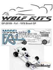 Wolf Kits: Car scale model kit 1/20 scale - Arrows Ford FA1 Arrows Racing Team sponsored by Varig #36 - Riccardo Patrese (IT) - Brazilian Formula 1 Grand Prix 1978 - photo-etched parts, resin parts, rubber parts, water slide decals, white metal parts, other materials and assembly instructions image