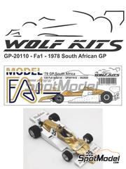 Wolf Kits: Car scale model kit 1/20 scale - Arrows Ford FA1 Arrows Racing Team sponsored by Warsteiner #35, 36 - Riccardo Patrese (IT), Rolf Stommelen (DE) - South African Formula 1 Grand Prix 1978 - photo-etched parts, resin parts, rubber parts, water slide decals, white metal parts, other materials and assembly instructions