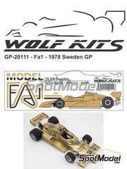 Wolf Kits: Car scale model kit 1/20 scale - Arrows Ford FA1 Arrows Racing Team sponsored by Warsteiner #35, 36 - Riccardo Patrese (IT), Rolf Stommelen (DE) - Swedish Formula 1 Grand Prix 1978 - photo-etched parts, resin parts, rubber parts, water slide decals, white metal parts, other materials and assembly instructions