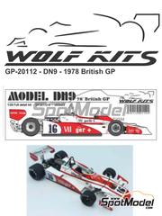 Wolf Kits: Car scale model kit 1/20 scale - Shadow Ford DN9 sponsored by Villiger #16 - Hans-Joachim Stuck (DE) - British Formula 1 Grand Prix 1978 - photo-etched parts, resin parts, rubber parts, vacuum formed parts, water slide decals, white metal parts, other materials, assembly instructions and tobacco sponsor decals
